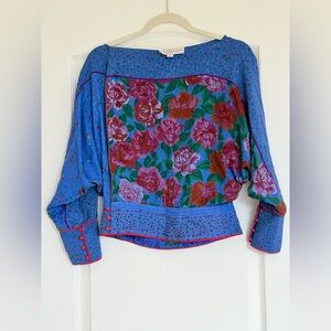 Rare Vintage Diane Dickinson for Gentilesse Floral Blue Silk Top, Size 10